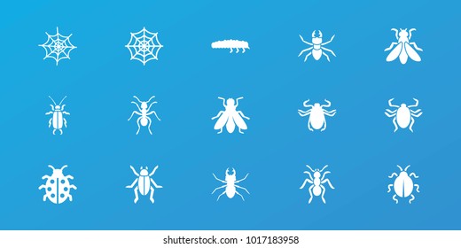 Editable 15 bug icons: ant, beetle, fly, spider web, ladybug