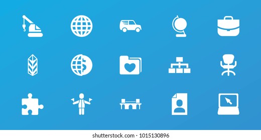 Editable 15 business icons: case, office chair, crane, globe, globe dollar, structure, cargo, laptop, man with flags, bridge, puzzle, resume, delivery car