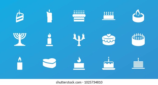 Editable 15 candle icons: cake with one candle, candle, cake, heart lock, candlestick