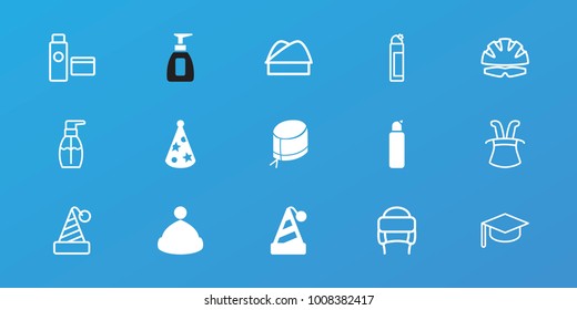 Editable 15 cap icons: party hat, nurse hat, bottle soap, cleanser, helmet