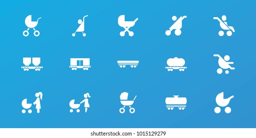 Editable 15 carriage icons: baby stroller, woman with baby carriage, baby carriage