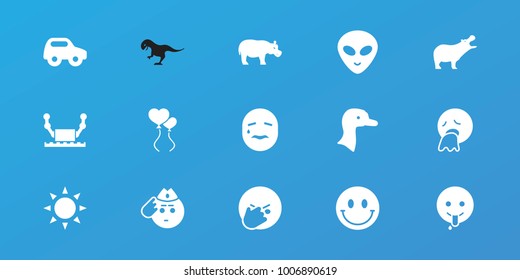 Editable 15 cartoon icons: sun, goose, hippopotamus, toy car, vomiting emot, soldier emot, emoji showing tongue, alien head, robot, smiley, dinosaur