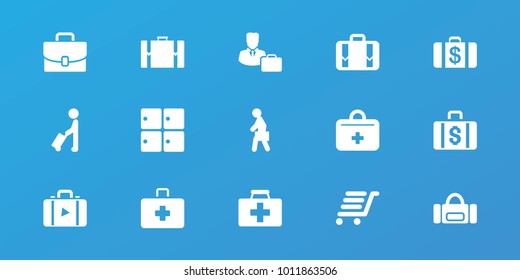 Editable 15 case icons: man with luggage, luggage storage, money case, sport bag, first aid kit