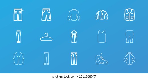 Editable 15 casual icons: sleeveless shirt, pants, woman pants, jacket, overcoat, hanger, singlet, sweater