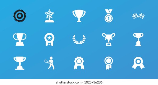 Editable 15 champion icons: trophy, medal, tennis playing, finish flag, olive wreath, star trophy