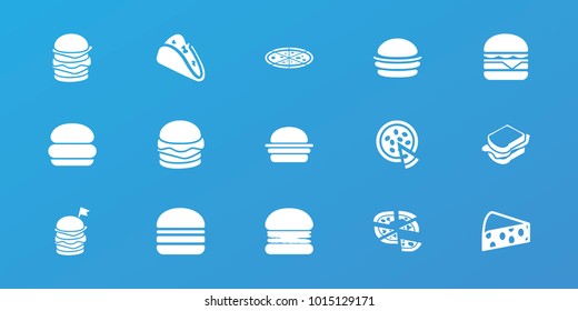 Editable 15 cheese icons: burger, taco, pizza, sandwich, cheeseburger, cheese, double burger with flag