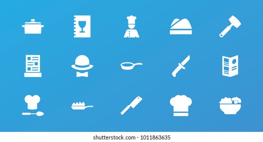 Editable 15 chef icons: chef, menu, food, hat and bow, pan, pan-fry, butcher knife