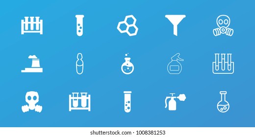 Editable 15 chemical icons: filter, test tube, chemical structure, gas mask, medical ampoule, factory