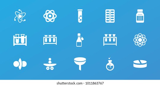Editable 15 chemistry icons: filter, atom, test tube, medicine, pill, ampoule