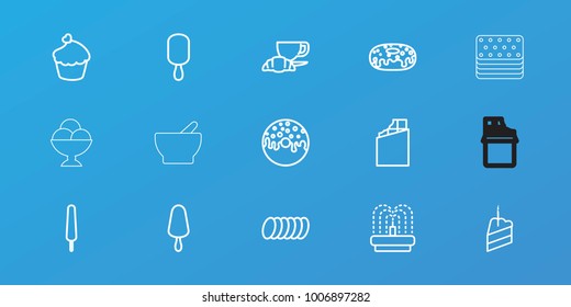 Editable 15 chocolate icons: chocolate, ice cream on stick, donut, coffee and croissant, fountain, muffin, piece of cake, cookie, bowl