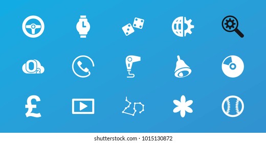 Editable 15 circle icons: flower, pound, bell, play, baseball, cd, wrist watch, call, hair dryer, o2 oxygen, dice, wheel, gear, clobe gear