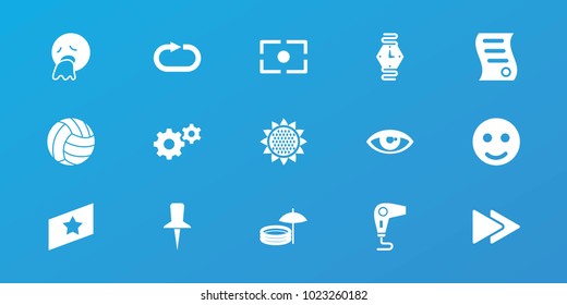 Editable 15 circle icons: gear, smile, vomiting emot, fast forward, reload replay, camera focus, bill of house sell, volleyball, inflatable pool and umbrella, wrist watch
