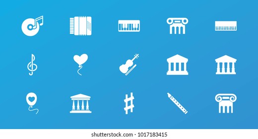 Editable 15 classical icons: court, greek column, piano, heart baloons, musical sharp, disc and music note, court building, treble clef, musical pipe, harmonic
