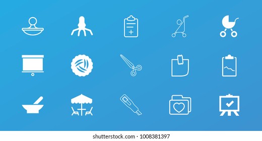 Editable 15 clip icons: bowl, nest, board, rocket, table under umbrella, folder with heart, medical clipboard, glued note, stamp, baby stroller, clipboard with chart
