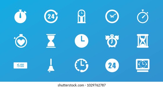 Editable 15 clock icons: clock alarm, bell, 24 hours, hourglass, pendulum