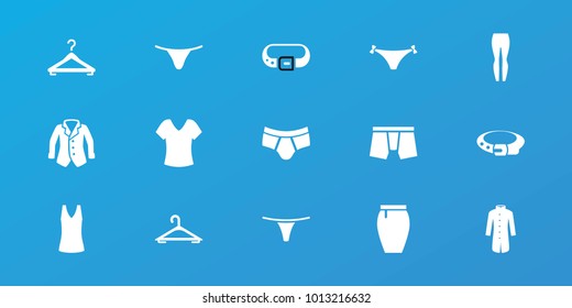 Editable 15 clothes icons: hanger, shirt, belt, man underwear, female underwear, skirt, panties with heart, singlet, woman pants