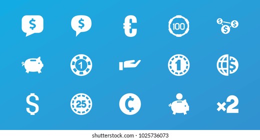 Editable 15 coin icons: 1 casino chip, euro, money box, piggy bank, dollar sign in cloud, coin, 25 casino chip, globe dollar