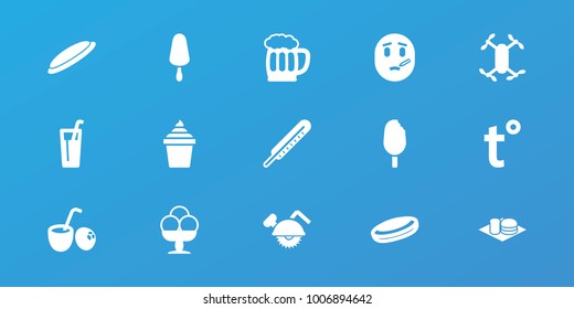 Editable 15 cold icons: hockey puck, ice cream on stick, ice cream in can, soda and burger, drink, axle with propeller, beer mug, ice cream, temperature, drink coconut