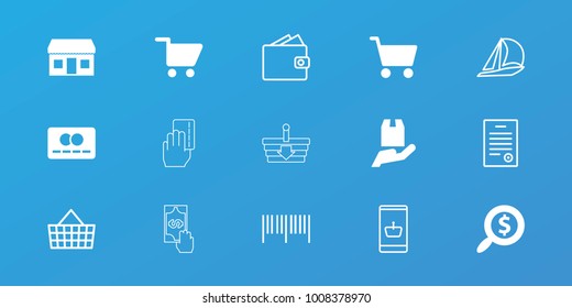 Editable 15 commerce icons: cargo protection, shopping cart, search dollar, barcode, online shopping, sailboat, wallet, bill of house, credit card, store, cash payment
