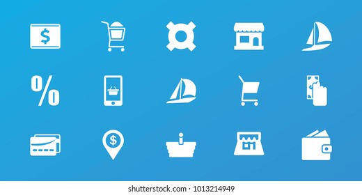 Editable 15 commerce icons: cash payment, sailboat, wallet, illustrgeneric currencyation, store, percent, shop, card, dollar location, shopping basket, shopping cart