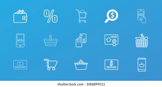 Editable 15 commerce icons: search dollar, creadit card payment, online shopping, dollar card, percent, shopping bag, bill of house sell, wallet, credit card
