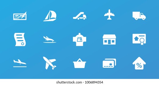 Editable 15 commercial icons: plane landing, plane, sailboat, check, delivery car, shopping bag, mortgage, bill of house sell, truck crane, store, credit card