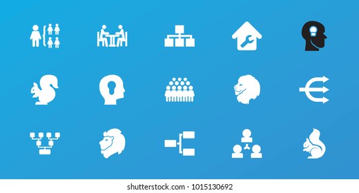 Editable 15 company icons: lion, squirrel, structure, group, family structure, head with keyhole, meeting
