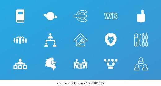 Editable 15 company icons: structure, office room, family structure, planet, meeting, photo album, group of people and man celebrating victory, wb, home repair