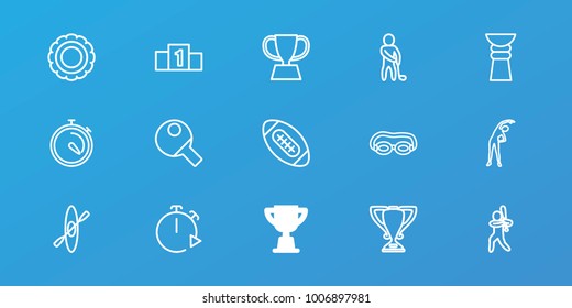 Editable 15 competition icons: trophy, exercising, swimming glasses, stopwatch, award, baseball player, golf player, rowing, american football, table tennis