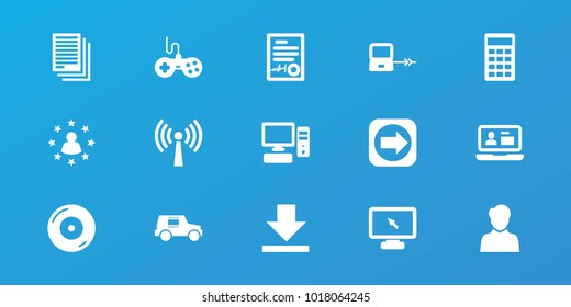 Editable 15 computer icons: laptop connection, joystick, disc on fire, calculator, pc, signed document, user surrounded by stars, signal tower, arrow right, laptop, display