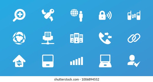 Editable 15 connection icons: laptop, satellite, globe and man, connected phone, network connection, server, zoom in, security lock, signal, call, add user