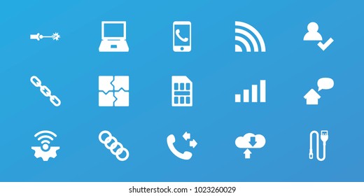 Editable 15 connection icons: puzzle, call, add user, laptop, phone call, gear connection, chain, download cloud, signal, wire, sim card, home message