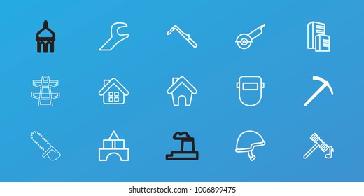 Editable 15 construction icons: hammer, building, toy tower, electric saw, blowtorch, welder mask, helmet, wrench, home, mosque, factory, pylon