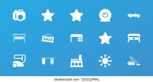 Editable 15 contemporary icons: star, vacuum cleaner, office desk, camera, sale, factory, web camera, car