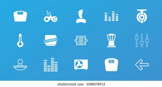 Editable 15 control icons: joystick, equalizer, censored, air conditioner, temperature, spy camera, back, stamp, eye scan, airport tower, floor scales