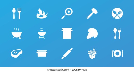 Editable 15 cook icons: spoon and fork, plate fork and spoon, noodles fast food, beef, dough pin, pan, knife, barbeque, extinct sea creature, chili