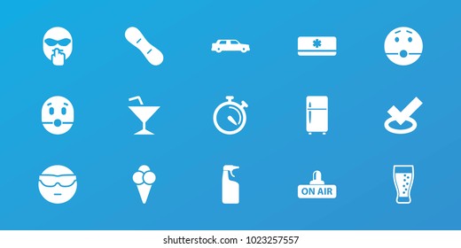 Editable 15 cool icons: cleanser, tick, cool emot in sunglasses, surprised emot, stopwatch, open air, ice cream, soda, air conditioner, snow board, car, cocktail, clean fridge