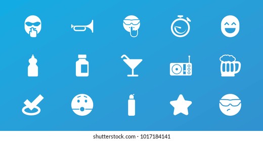Editable 15 cool icons: star, cocktail, cleanser, tick, cool emot in sunglasses, cool emot, medical bottle, radio, beer mug, trumpet