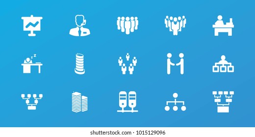 Editable 15 corporate icons: structure, table, family structure, graph on board, binder, group, man sleeping on table, help support, shaking hands, business centre