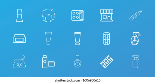 Editable 15 cosmetic icons: cream tube, cream box, beauty salon, hair curler, nail polish, eyeshadow palette, soap, spray bottle, tweezers, make up bag