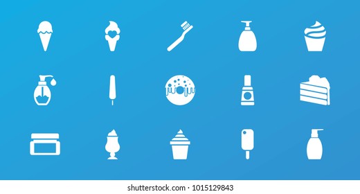 Editable 15 cream icons: cream, toothbrush, bottle soap, cake, soap, donut