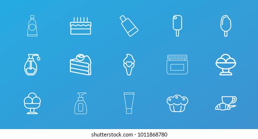 Editable 15 cream icons: cream tube, cake, coffee and croissant, soap, pie
