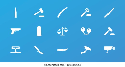 Editable 15 crime icons: security camera, auction hummer, gardening knife, camera, ball chain, bullet, gun