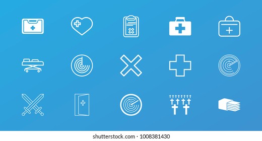 Editable 15 cross icons: first aid kit, medical kit, cemetery, radar, heart with cross, clipboard, medical cross, hospital stretch, cancel, aid post, sword
