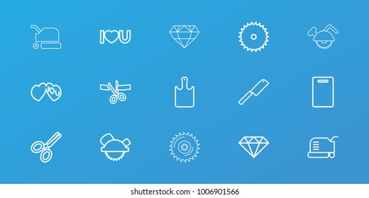 Editable 15 cutting icons: cutting board, lawn mower, blade saw, saw blade, i love you, scissors, chopping board, butcher knife, gem, scissors and ribbon