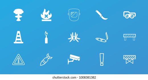 Editable 15 danger icons: cone barrier, nuclear explosion, no fire, security camera, dynamite, spider, barrier, cigarette, warning, exclamation point, rocket bomb