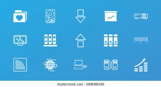 Editable 15 data icons: binder, money growth, cpu planet, folder with heart, graph on display, arrow up, arrow down, wi-fi, router, hard disc, server, laptop connection