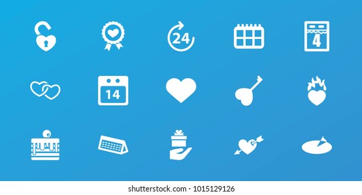 Editable 15 day icons: 24 hours, calendar, heart ribbon, heart key, 14 date calendar, sundial, 4th date calendar, gift