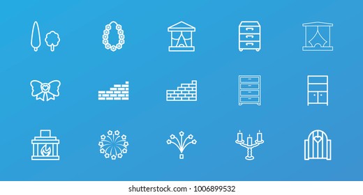Editable 15 decor icons: brick wall, wardrobe, stage, gate, bow, nightstand, fireworks, garland, fireplace, tree