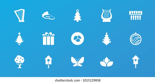 Editable 15 decorative icons: leaf, christmas tree, nesting house, present, harp, spu, disco ball, tree, butterfly, flower